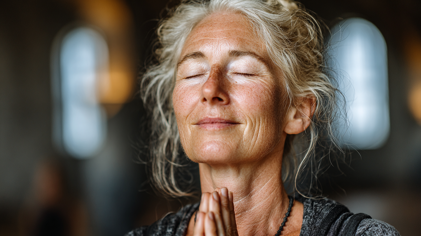 Группа людей зрелого возраста занимается йогой на природе