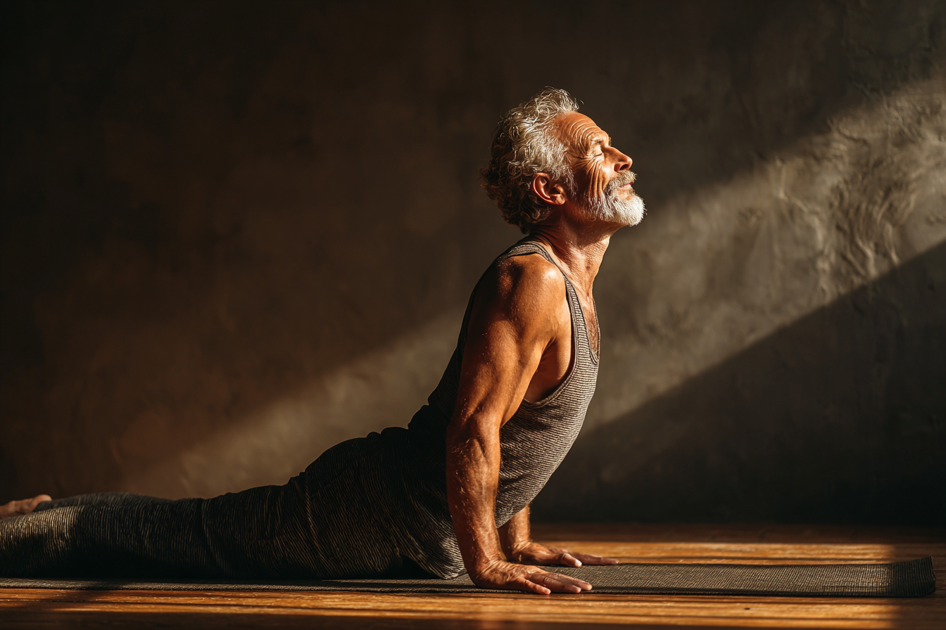 Женщина зрелого возраста выполняет дыхательные упражнения у окна